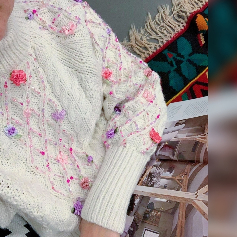 Vjera V Rose sweater floral jumper mock neck knit top